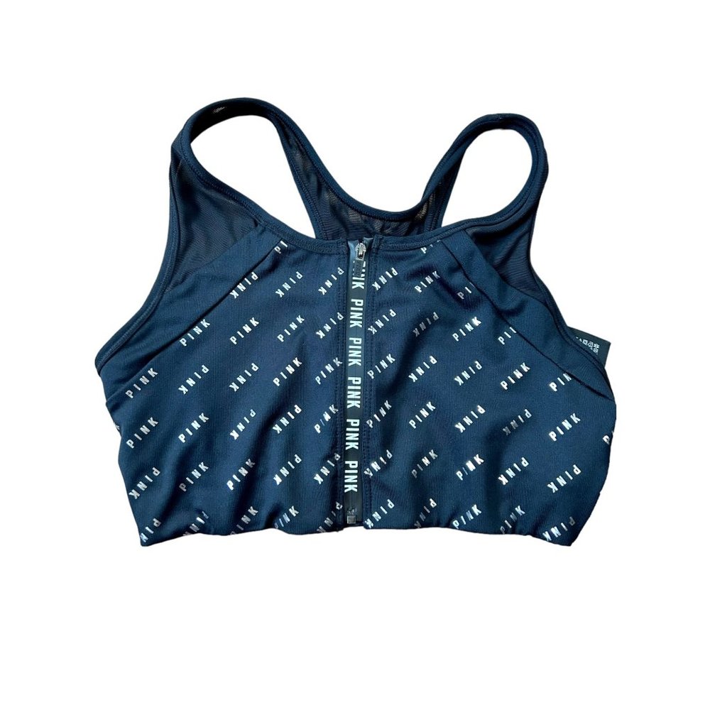 Pink Logo Ultimate Unlined Black Sports Bra zip front active Top